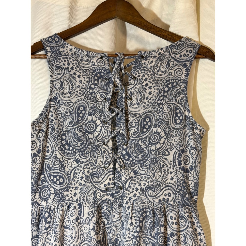 Doe & Rae Blue White Paisley Lace Trim Mini Dress Lace Up Back S# 3012D Womens M - Picture 4 of 8